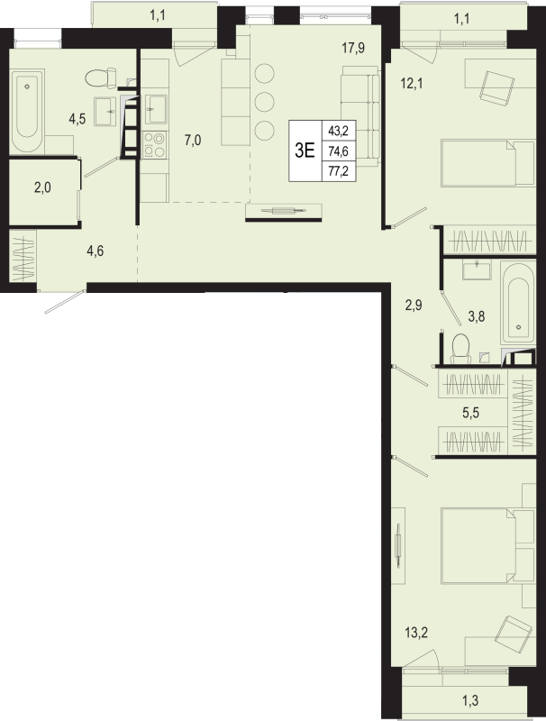 3 ккв (Евро) 74,5 м²