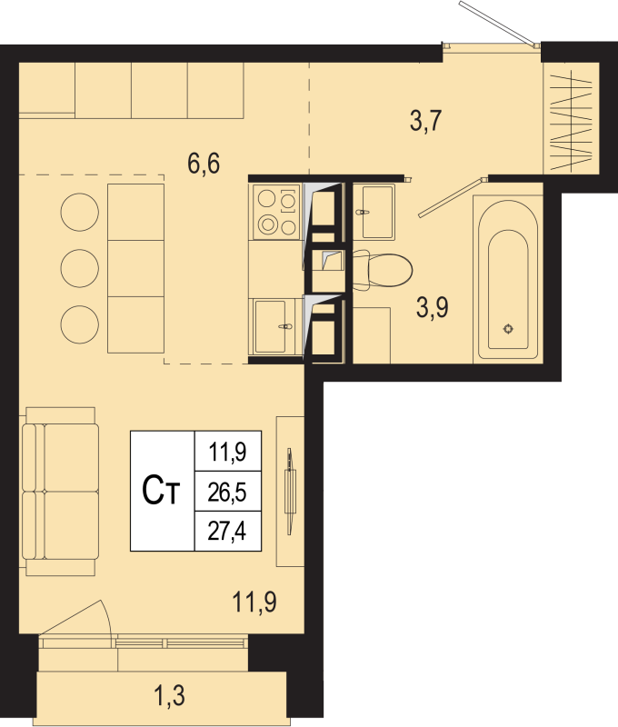 Студия 26,5 м²