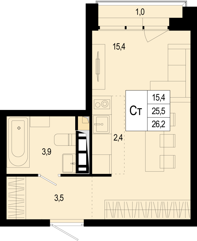 Студия 25,5 м²