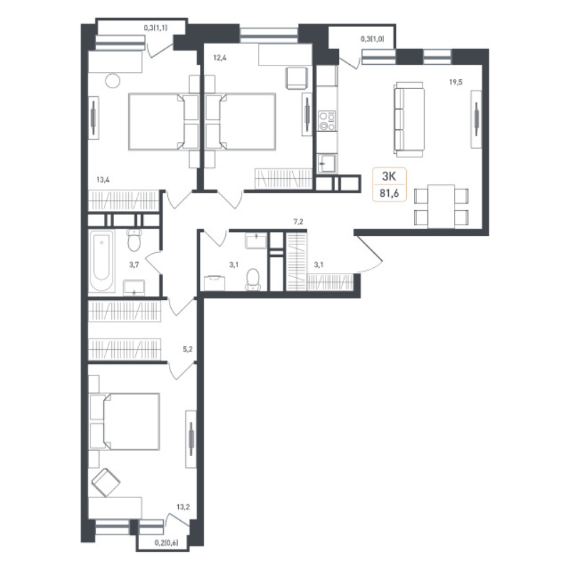 4 ккв (Евро) 84,9 м²