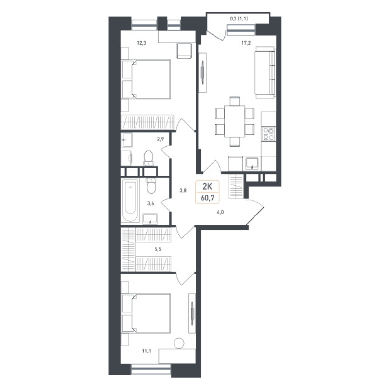 3 ккв (Евро) 62,9 м²