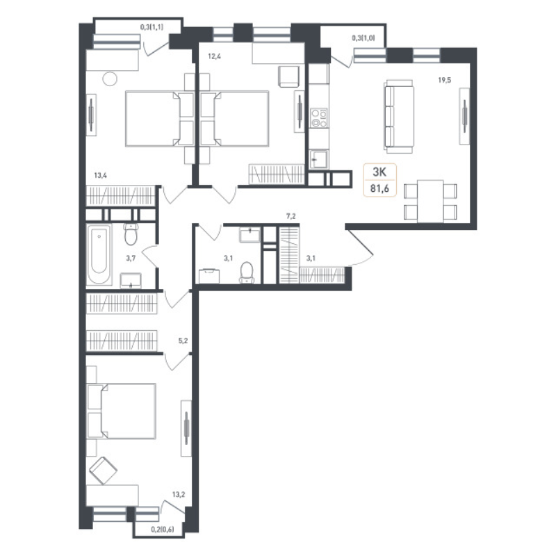 4 ккв (Евро) 84,9 м²