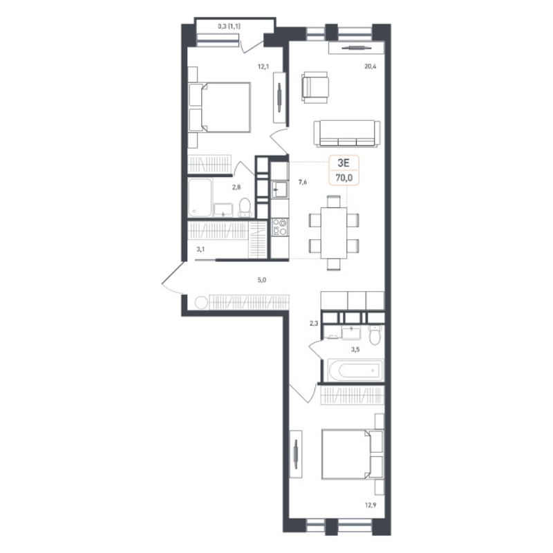 3 ккв (Евро) 73,3 м²