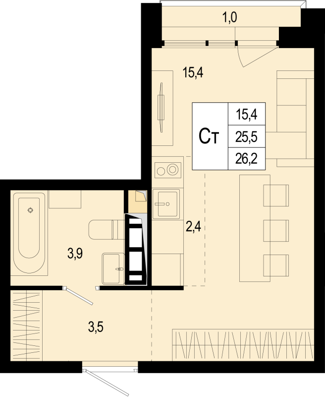 Студия 25,5 м²