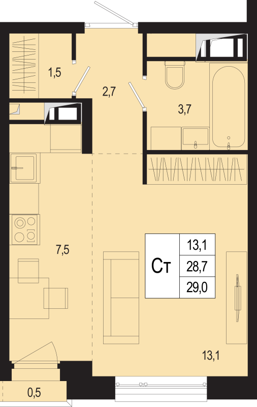 Студия 28,7 м²
