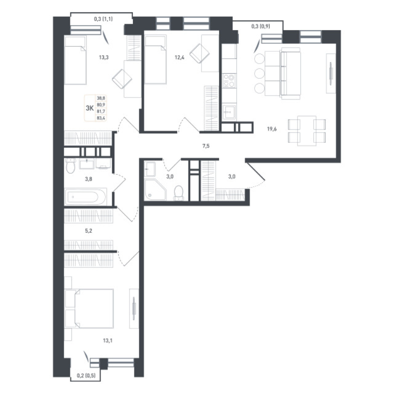 4 ккв (Евро) 86,7 м²