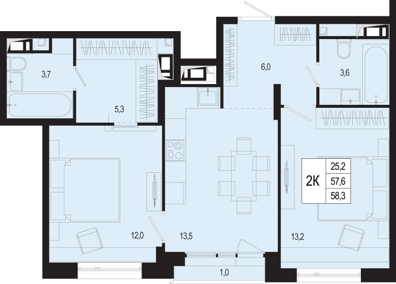 2 ккв 57,6 м²