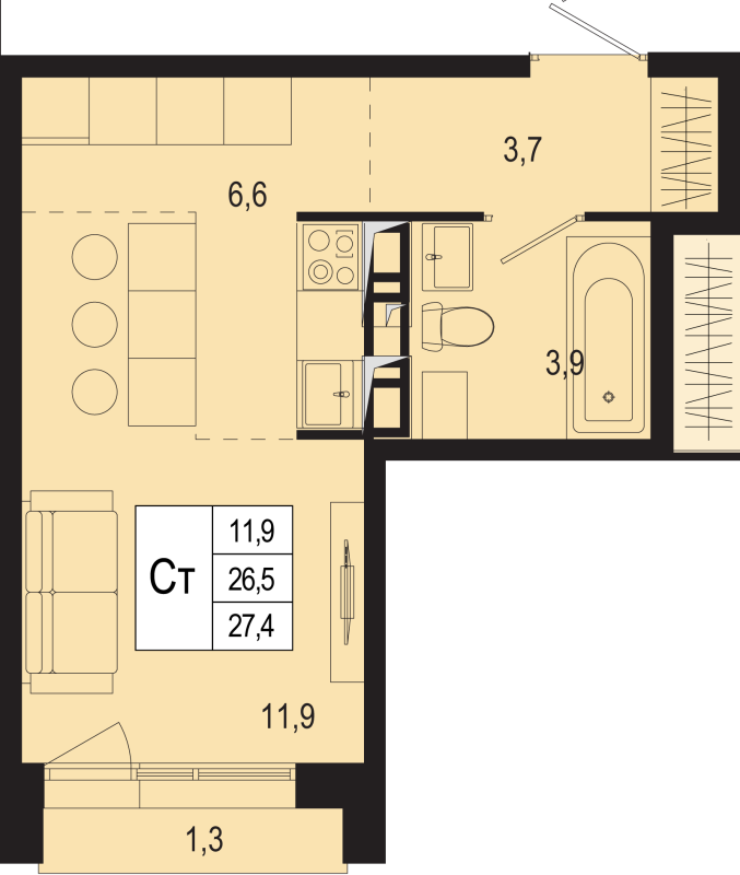 Студия 26,5 м²