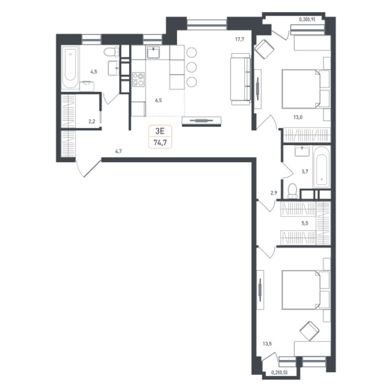 3 ккв (Евро) 77,6 м²