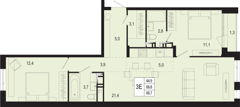 3 ккв (Евро) 68,8 м²