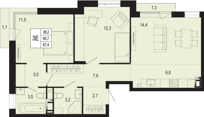 3 ккв (Евро) 65,7 м²