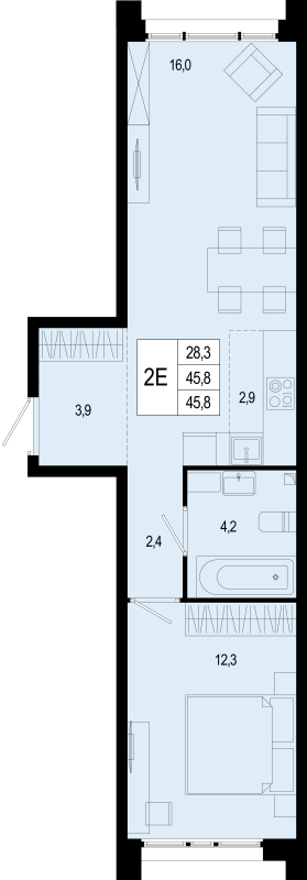 2 ккв (Евро) 45,8 м²