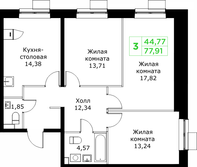 3 ккв 77,9 м²