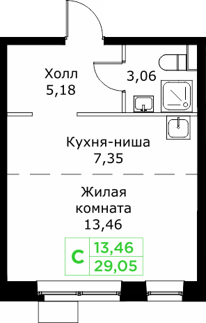 Студия 29,1 м²