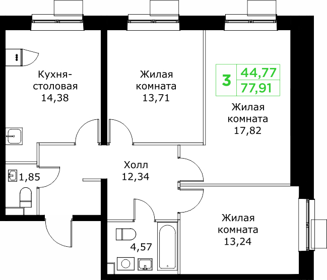 3 ккв 77,9 м²