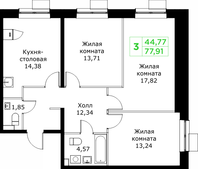 3 ккв 77,9 м²