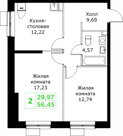 2 ккв 56,5 м²