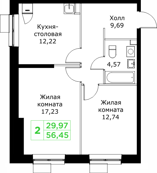 2 ккв 56,5 м²