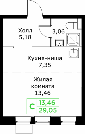 Студия 29,1 м²