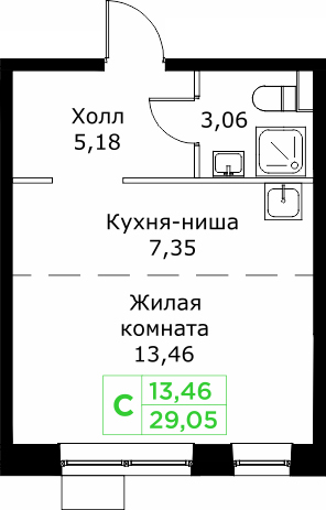 Студия 29,1 м²