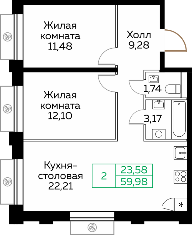 3 ккв (Евро) 60 м²