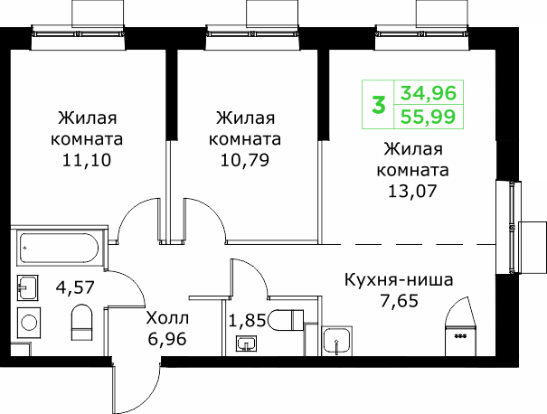 3 ккв (Евро) 56 м²