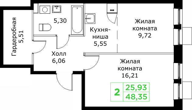 2 ккв (Евро) 48,4 м²