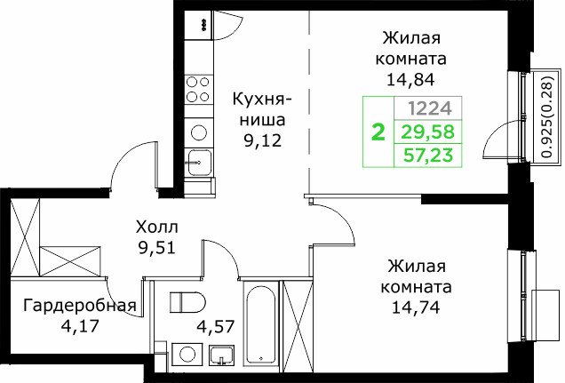 2 ккв (Евро) 57,2 м²