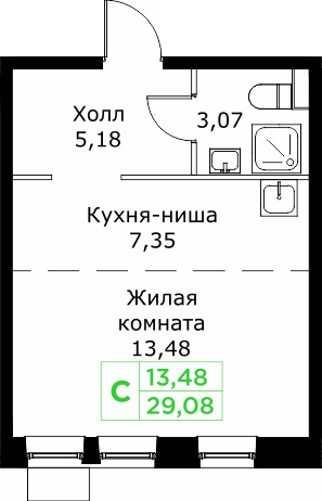 Студия 29,1 м²