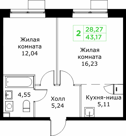 2 ккв (Евро) 43,2 м²