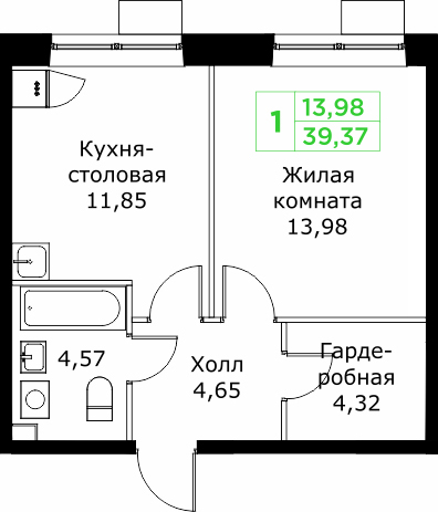 1 ккв 39,4 м²
