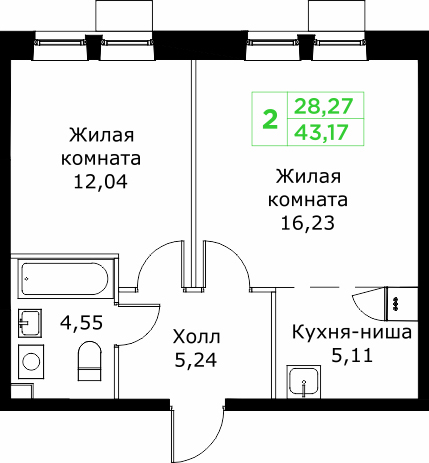 2 ккв (Евро) 43,2 м²