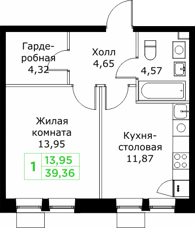 1 ккв 39,4 м²