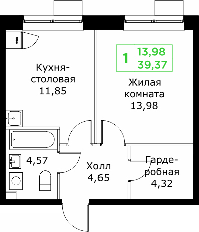 1 ккв 39,4 м²