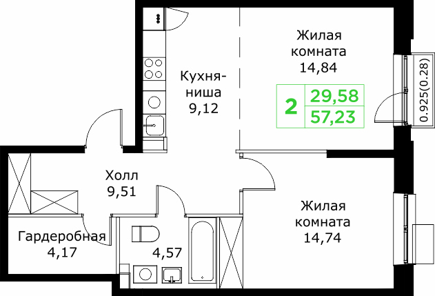 2 ккв (Евро) 57,2 м²