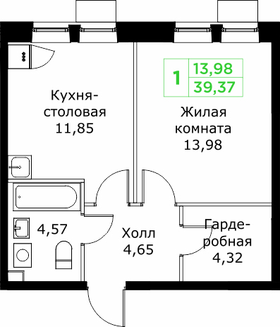 1 ккв 39,4 м²