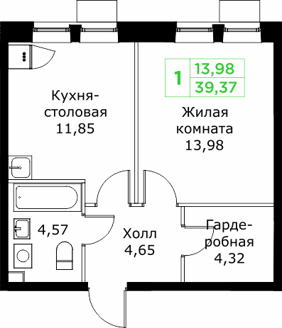 1 ккв 39,4 м²