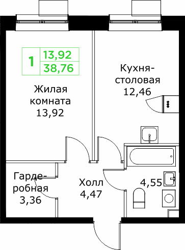 1 ккв 38,8 м²