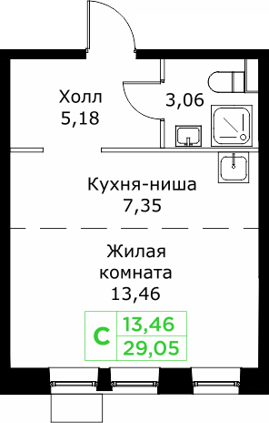 Студия 29,1 м²