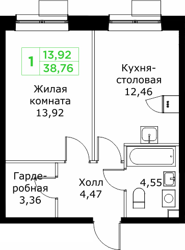 1 ккв 38,8 м²