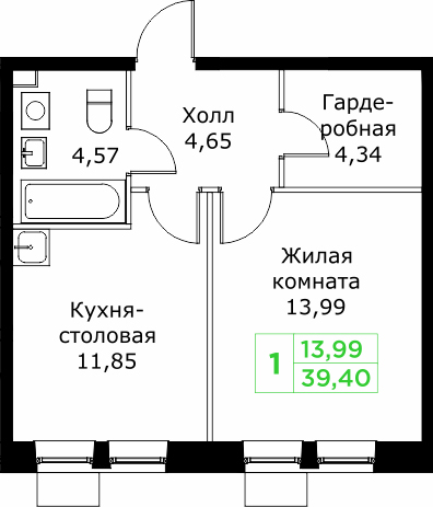 1 ккв 39,4 м²