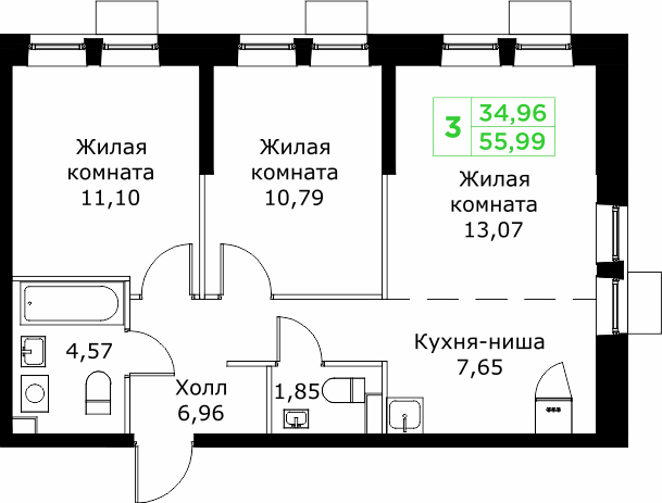 3 ккв (Евро) 56 м²