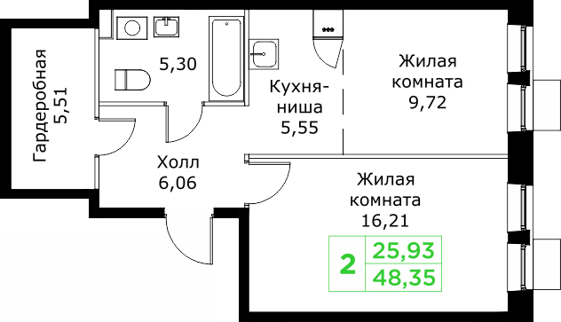 2 ккв (Евро) 48,4 м²