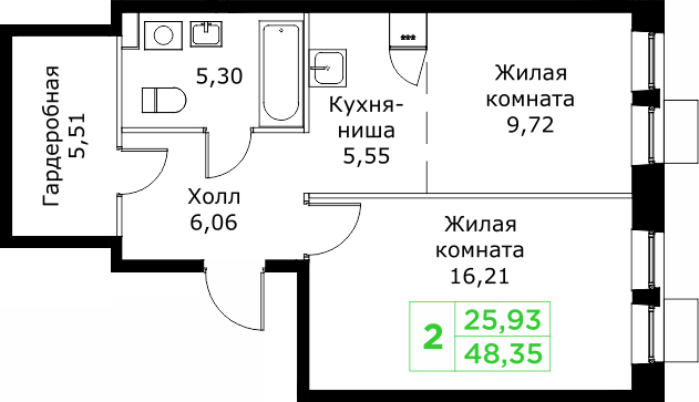 2 ккв (Евро) 48,4 м²