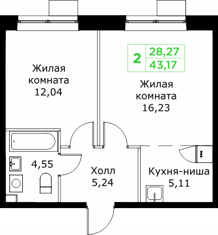 2 ккв (Евро) 43,2 м²