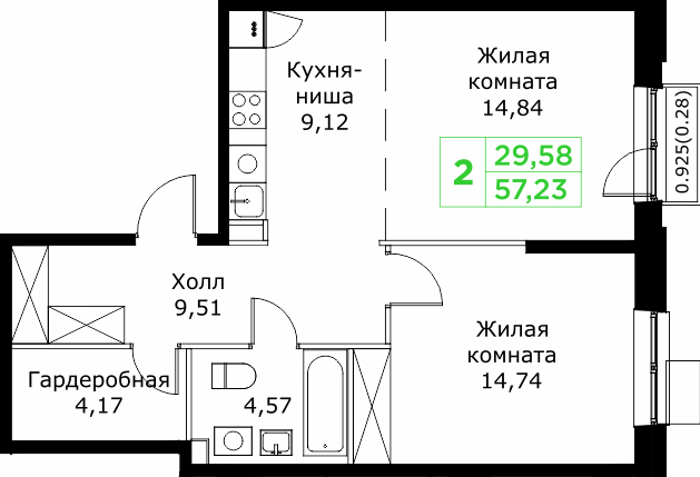 2 ккв (Евро) 57,2 м²