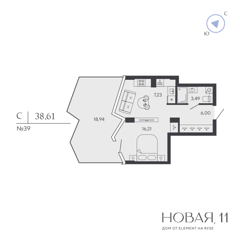 Студия 38,6 м²