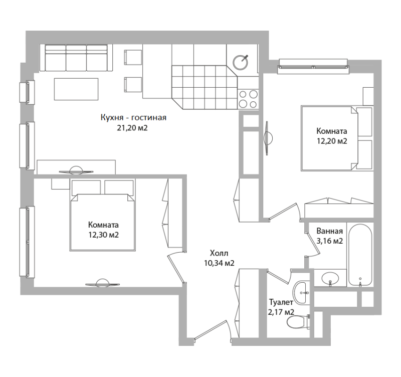3 ккв (Евро) 61,4 м²