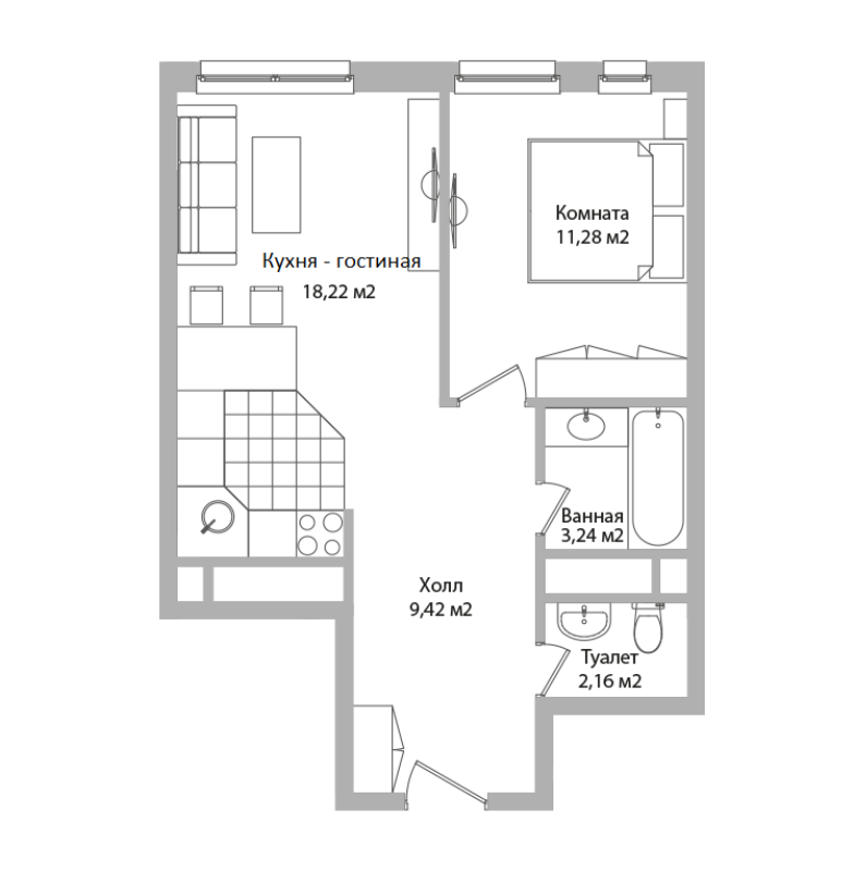 2 ккв (Евро) 44,3 м²