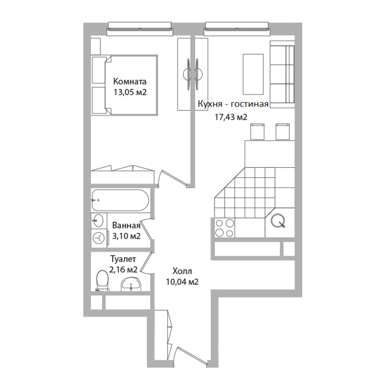 2 ккв (Евро) 45,8 м²